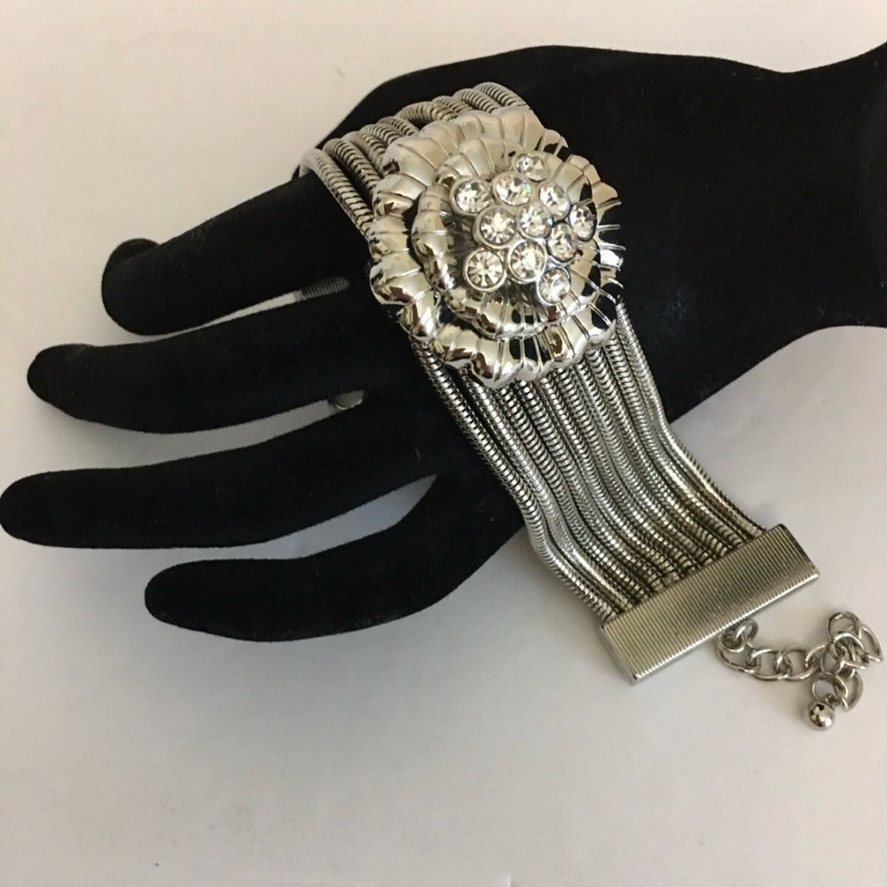 Silvertone Premiere Designs Crystal Flower Statement Bracelet